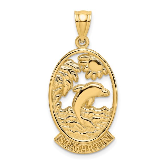 14k Yellow Gold Travel ST. MARTIN with Dolphin Sunset Necklace Charm Pendant - Picture 1 of 4
